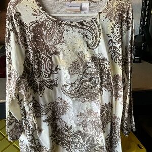 Alfred Dunner Women's Cream and Brown Paisley Top. Size 1X.